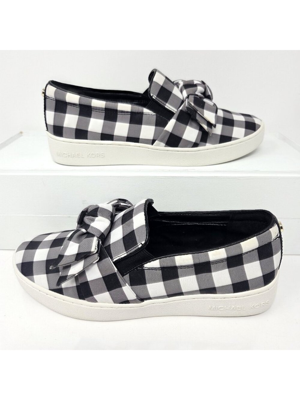 Michael Kors Willa Womens 6.5 Slip On Sneakers White Black Checkered Gingham Bow